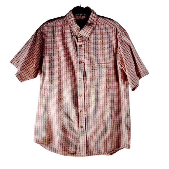 Eddie Bauer Orange Plaid Checkered Button Down Short Sleeve Men Shirt Medium - Picture 1 of 15